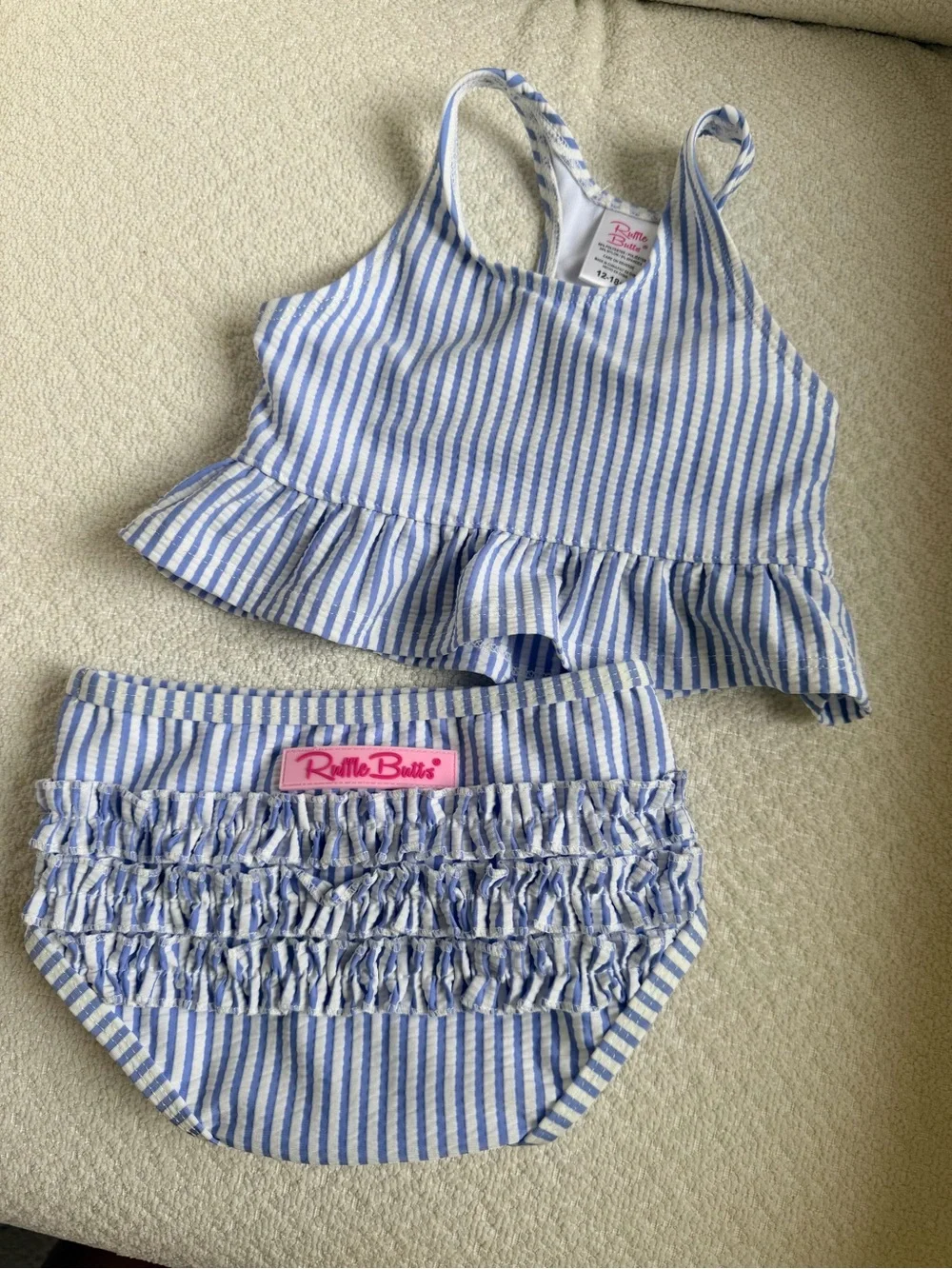 Ruffle Butts Blue & White Striped Ruffle Tankini Set